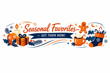 Fototapeta premium Seasonal Favorites Banner. Clean modern holiday banner illustration depicting flat vector seasonal motifs with subtle glow accents