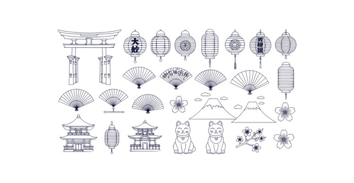 Minimal Japanese Culture Vector Icons Set Outline Style Landmarks Travel Collection