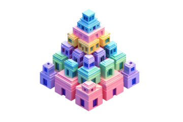 Colorful geometric pyramid structure made of cube-like shapes, rising in layers on a dark background