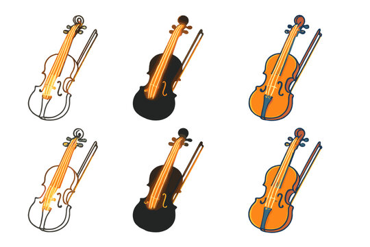 Stylized Violin Variations. Stylized violin and bow with glowing strings, first in line style with thin outline, second in solid