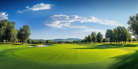 A beautiful panoramic view of a golf course, showcasing lush green grass, trees, and a clear blue sky with fluffy clouds.