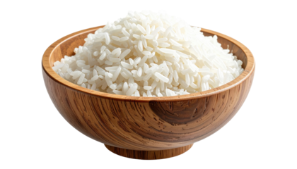 A close-up shot of a wooden bowl filled with fluffy, white, cooked grains against a transparent background. The grains appear perfectly prepared