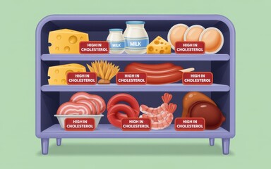 Assorted meat and dairy products displayed on shelves in a storage room