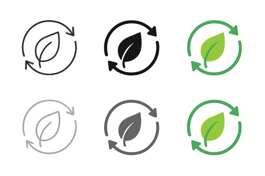 Leaf Arrow Cycle. Leaf intertwined with rotating arrow path first in line style with thin outline, second in solid style filled