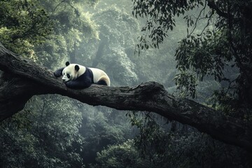 Panda resting on branch in misty forest