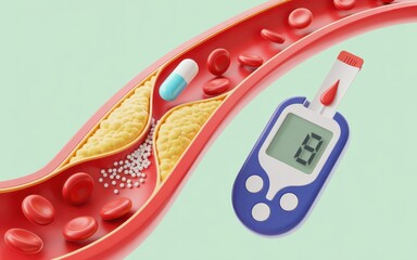 A close-up illustration of a blood vessel with a glucose meter and test strip nearby, depicting a medical scene.
