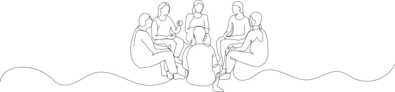 A continuous line drawing depicts a group of people sitting in a circle, Group of young people sitting on ground together and talking