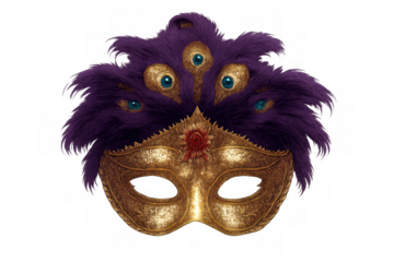 Venetian masquerade mask featuring gold, purple feathers, and ornate embellishments for carnival celebration design