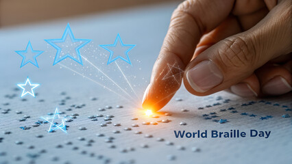 A human finger touches braille dots on a surface, illuminating a glowing point with abstract stars radiating outwards, representing World Braille Day.