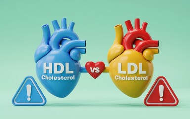 Comparison of HDL and LDL Cholesterol Illustrated through Anatomical Heart Models with Warning Signs