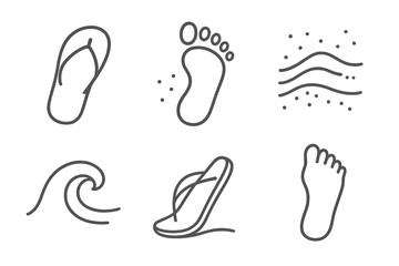 Beach-Ready Sandal Icons. Line style vector icons of shore-ready slip sandals: thin strap footwear, beach step mark, dune surface
