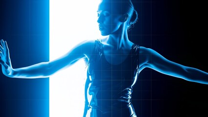 Blue Neon Dancer Pose In Futuristic Light Studio party flyer background