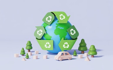 A 3D illustration of a globe surrounded by recycling symbols and trees with a small vehicle nearby, showcasing eco-friendly practices in a serene environment from a slightly elevated viewpoint.
