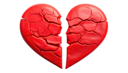 A 3D render of a broken heart, showcasing a distressed texture and a vibrant red hue. The heart is split in two halves