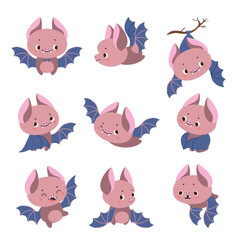 Cartoon bats. Funny bat characters, night wild flying animals. Isolated children mascots, forest animal different poses. Cute faces, nowaday vector set