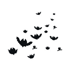 Flying black bats. Bat silhouettes fly in flock. Horror night animals, wild nature characters. Flat isolated elements, wall sticker for design, nowaday vector template