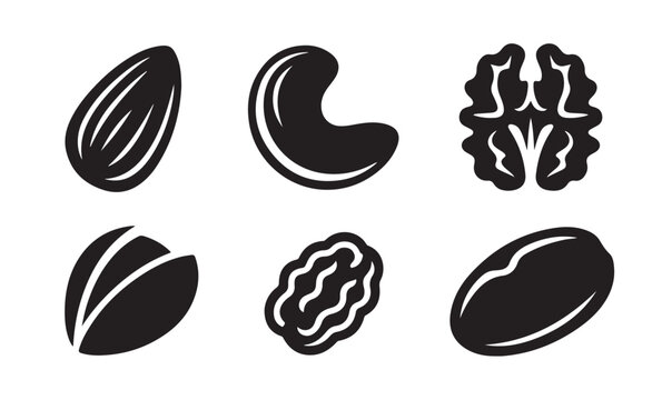 dry fruits silhouette icons set with almonds cashews walnuts and nuts