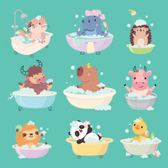 Animal bath. Animals relaxing in bathtub with soap bubbles, shampoo, water. Washing time, cat hippo panda washing. Children mascots, nowaday vector set
