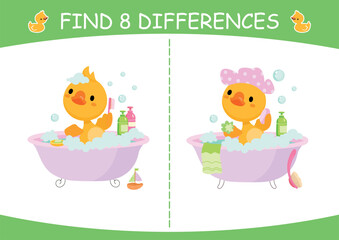 Find differences. Little yellow duck take bath with soap bubbles, shampoo. Educational game for toddlers. Bath time nowaday vector scene