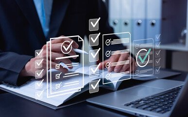 Businessman managing digital document approval, quality control and task verification, compliance workflow, process management and business operation efficiency.
