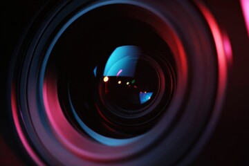 Close-up of colorful camera lens with reflective lights
