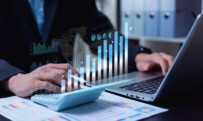 Businessman reviewing digital marketing metrics and sales growth charts on a modern interface, supporting planning analysis, online marketing strategy, and business development insights.