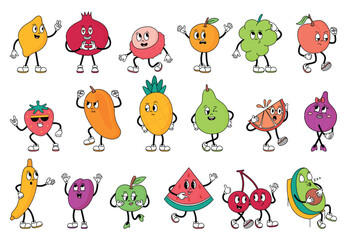 Retro fruits characters. Funny cartoon fruits, groovy emotional mascots. Fresh healthy food. Pineapple, apple, orange, peach, watermelon, cherry, neoteric vector clipart