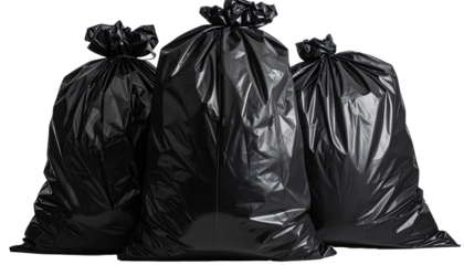 Three tightly sealed, black plastic trash bags, ready for disposal, arranged closely together against a plain background