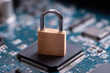 Secure technology: padlock on microchip demonstrating cybersecurity concept