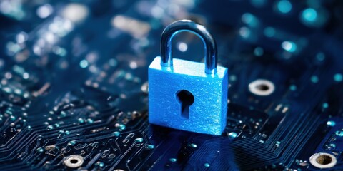 Blue padlock on circuit board symbolizing cybersecurity and data protection