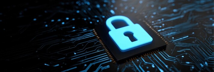 Digital circuit board with glowing blue lock symbolizing cybersecurity