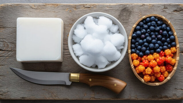 Arctic Berries And Tallow Ingredients On Rustic Wood For Authentic Akutaq