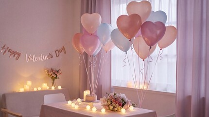 Romantic Valentine's Day Table Setting with Pink Heart Balloons and Candles
