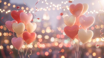 Pink and Red Heart Balloons with Bokeh Lights Background