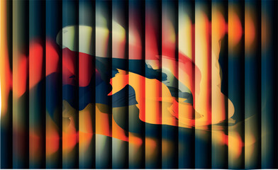 Fototapeta premium Neon ripple glass gradient. Futuristic glowing fractal glass with vertical ribbed lines illuminated by flowing curve of light. Vector background. 