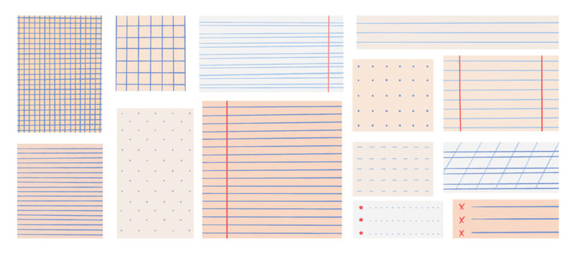 Sheets for notes. Paper sheet template with hand drawn lines, grids, dots. Notebook papers, checklist and marks design for journal, daily planner, neoteric vector set