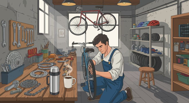 Young mechanic in blue overalls carefully repairing a bicycle wheel. - Powered by Adobe
