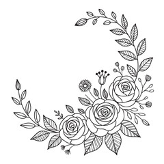 Fototapeta premium Elegant Hand Drawn Floral Wreath with Roses and Leaves