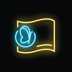 Glowing neon icon of a paper with a butterfly sign, representing a delicate and sensitive concept © ylivdesign