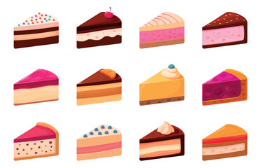 Cake pieces icons. Sweet cakes piece, dessert for birthday, anniversary, wedding. Party cafe food with cream, berry, marmalade, fruit mousse, sapid vector set