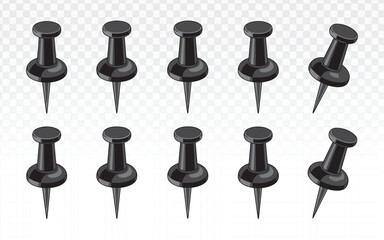 Set of realistic black push pins in multiple angles, clean vector illustration isolated on transparent background, ideal for office supplies, maps, notice boards, UI icons, and presentation design.