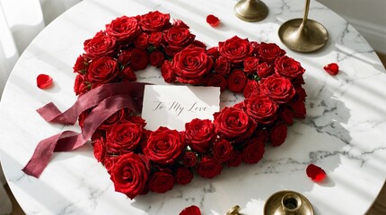 Red Rose Heart Arrangement with 'Be My Love' Card on Marble Table