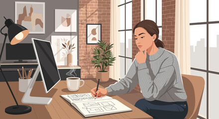 Creative young woman sitting at a desk drawing in a sketchbook.