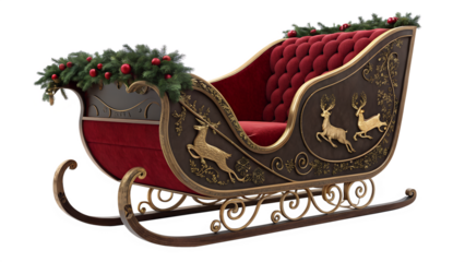Ornate Festive Red Christmas Sleigh isolated on transparent background