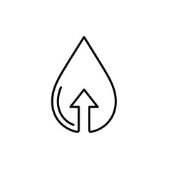 A clean, minimalist line art icon depicts a water drop with an upward-pointing arrow, symbolizing evaporation, rising levels, or fluid movement.