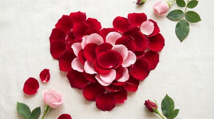 Heart Shape Made of Red and Pink Rose Petals on White Fabric Background