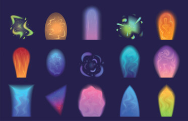 Portal effects. Shine vibrant effect, liquid glow plasma. Magic vortex, glowing fantasy teleports. Fantastic computer game elements, sapid vector set