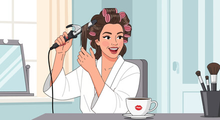 Happy young woman in a white bathrobe styling her hair with a curling iron and rollers.