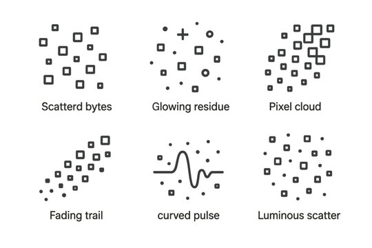 Data Fragments Line Art. Line style icons of Data Fragments: scattered bytes, glowing residue, pixel cloud, fading trail, curved