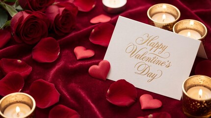 Happy Valentine's Day Card with Red Roses, Petals, and Candles on Velvet